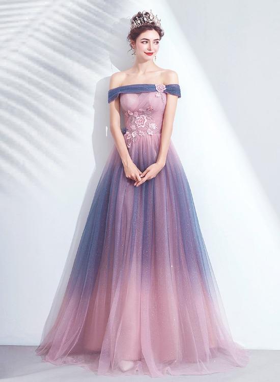 Blue And Pink Tulle Shiny Gradient Off Shoulder Party Dress, A-Line Long Formal Evening Dress prom dress evening dress cg22710