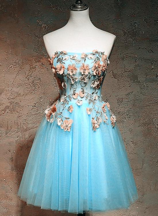 Light Blue Flowers Cute Tulle Knee Length Party Dress, Blue Floral Homecoming Dress cg22711