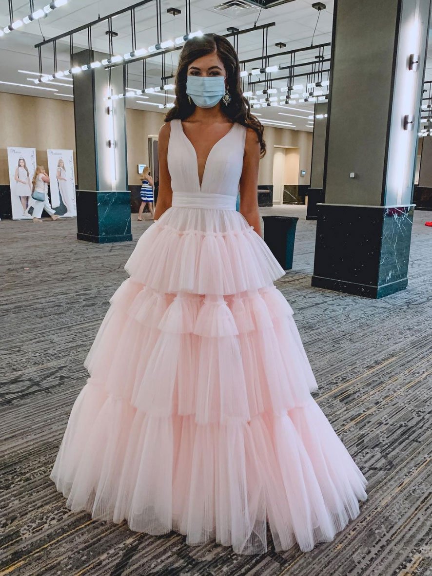 Pink v neck tulle long prom dress pink tulle formal dress cg22712