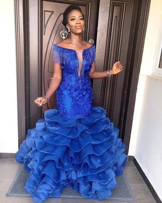 Königsblaues Meerjungfrau-Ballkleid mit U-Ausschnitt, schulterfrei, wunderschöne Rüschen, bodenlange Ballkleider cg22716