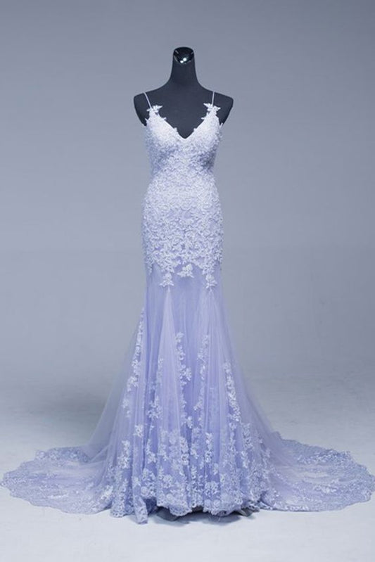 Lavendel Spitze Applikationen Perlen Lange Meerjungfrau Ballkleid cg2275