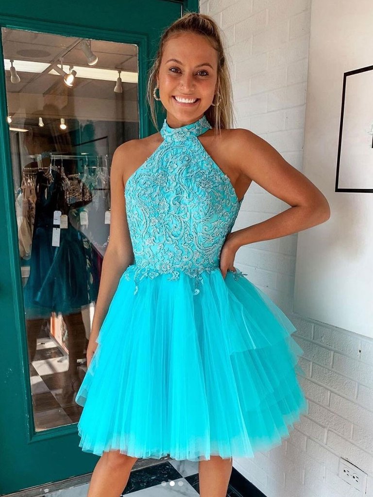 BLUE HIGH NECK TULLE LACE SHORT DRESS BLUE HOMECOMING DRESS cg22763