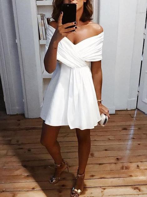 Solid Cross Over Bardot Mini Dress,Short Homecoming Dress cg22798