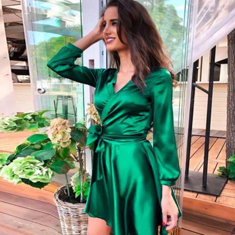 Sexy Green V Neck Satin Wrap Homecoming Dress cg22820