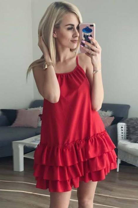 A-Line Spaghetti Straps Above-Knee Red Homecoming Dress with Ruffles cg22939