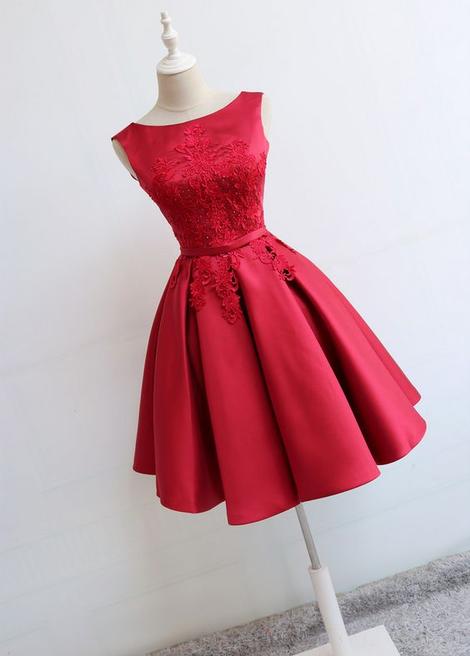 Red Round Neckline Short Satin Party Dresses, Red Formal Dresses, Shor classygown Red Round Neckline Short Satin Party Dresses, Red Formal Dresses, Shor classygown