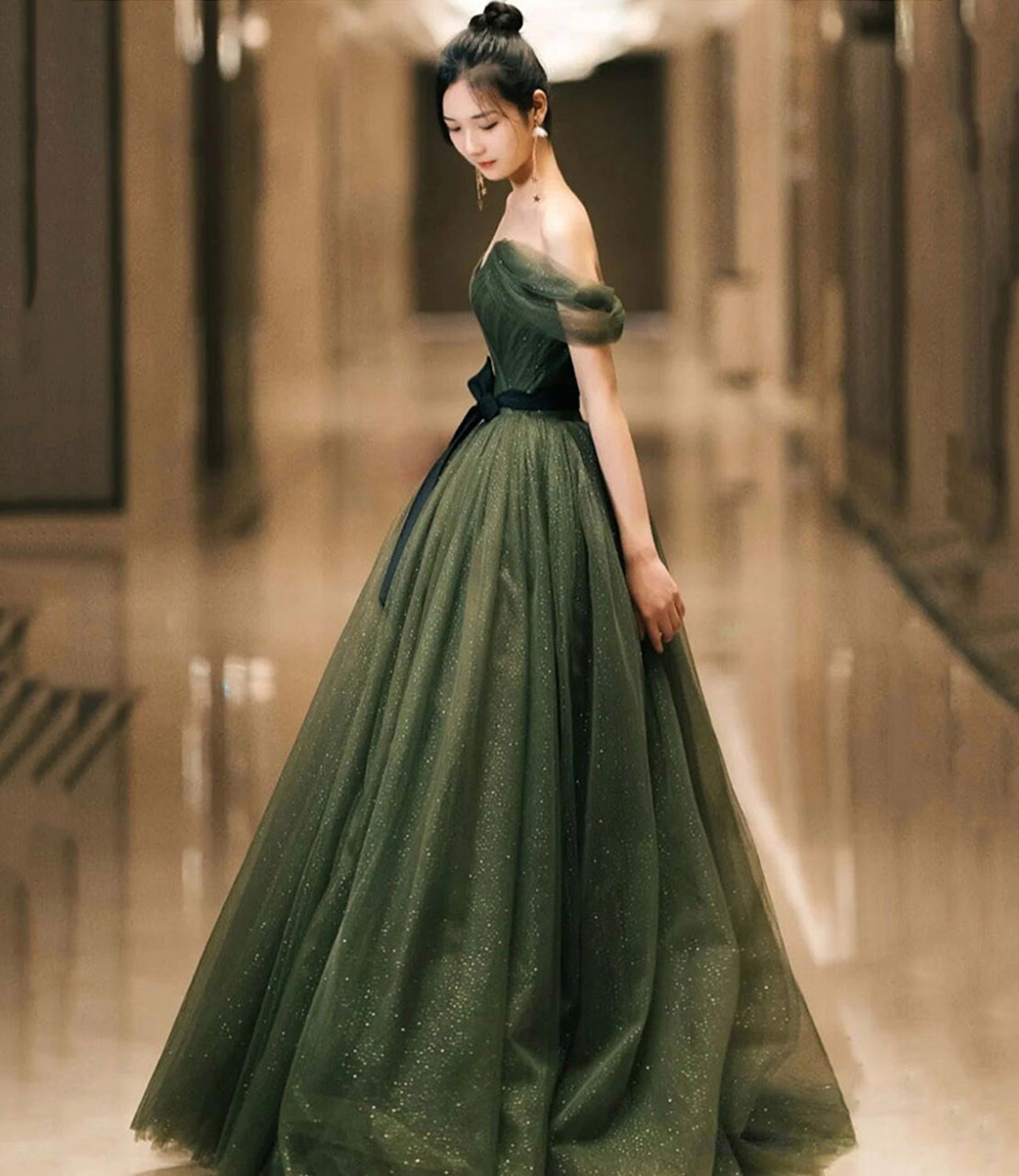 GREEN TULLE LONG A LINE PROM DRESS EVENING DRESS cg22954
