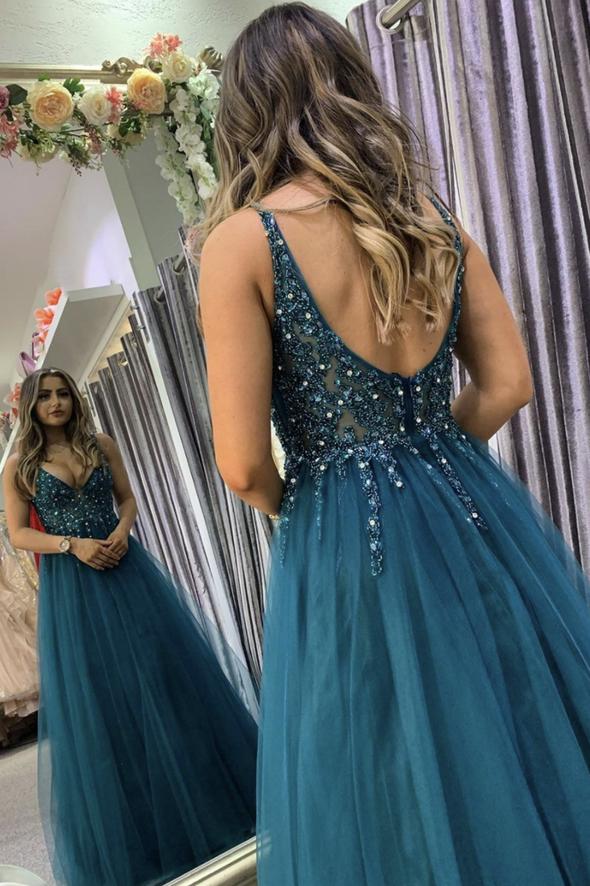 Blue tulle beads long A line prom dress blue evening dress cg22957