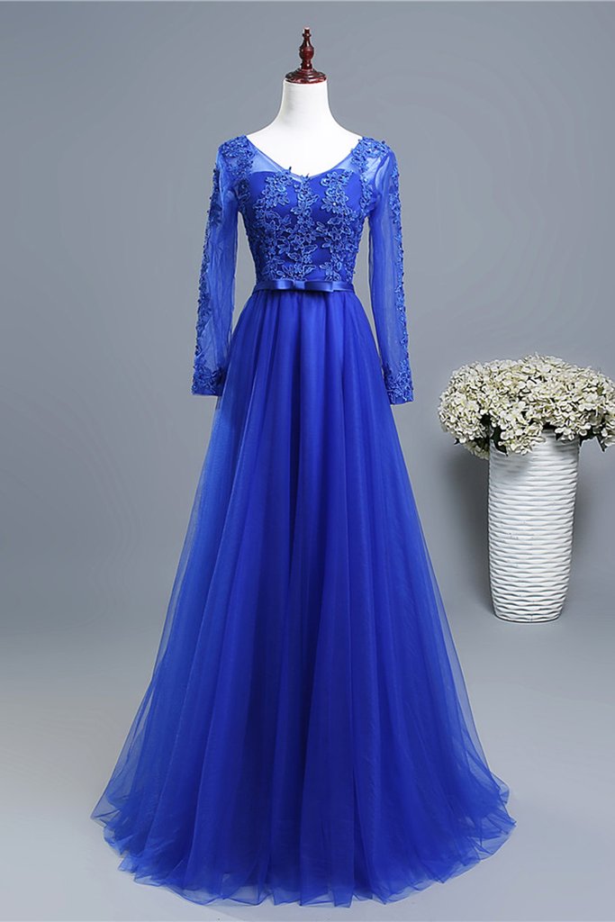 Royal Blue Long Sleeves Tulle With Lace Applique Formal prom Gown cg22966