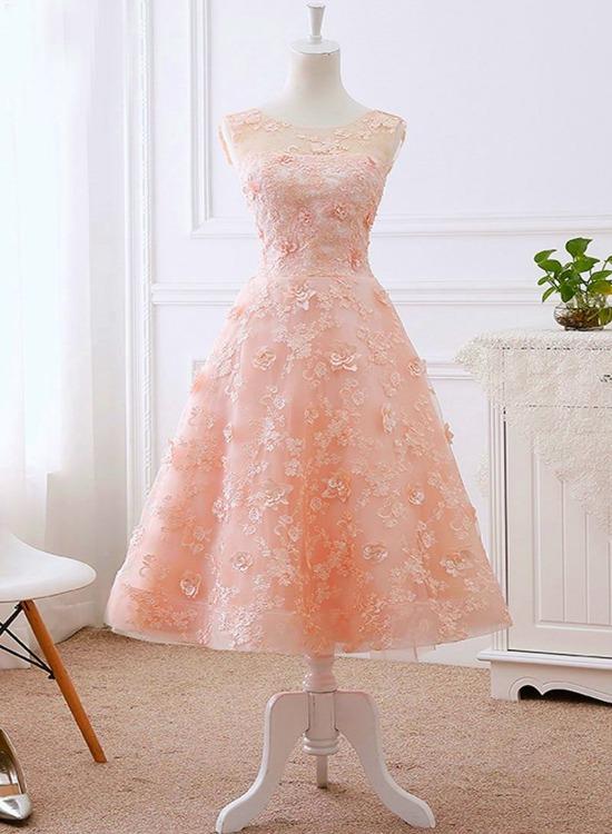 Pretty Pink Tea Length Flower Lace Wedding Party Drses, Pink Lace Formal Dress Homecoming Dress cg22969