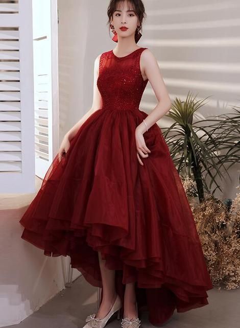 Wine Red Organza Lace High Low Chic Party Dresses Prom Dress cg22981