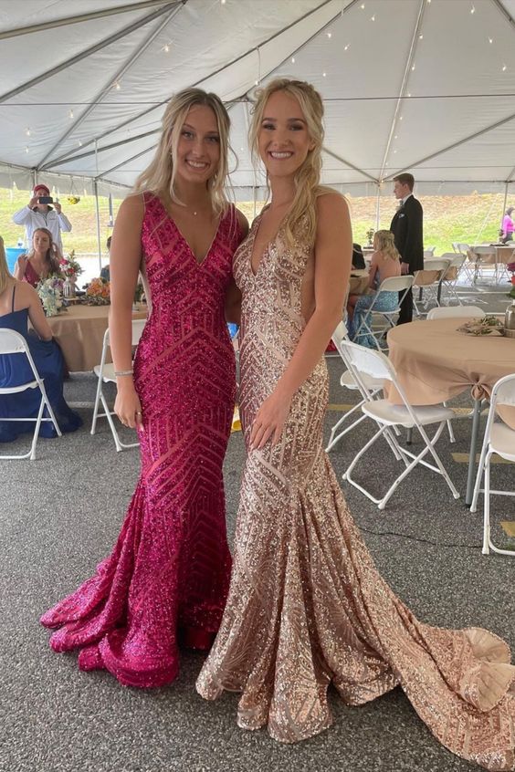 Glitzerndes Ballkleid im Meerjungfrauen-Stil mit V-Ausschnitt, Fuchsia, cg22989