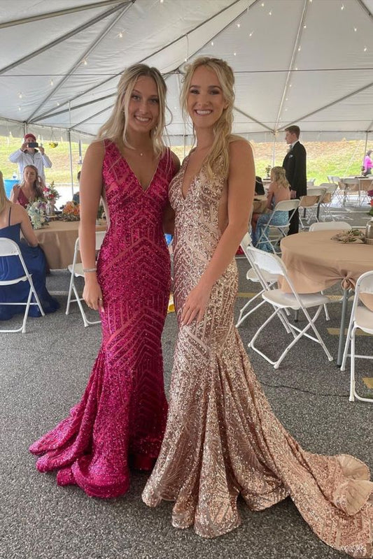Glitzerndes Ballkleid im Meerjungfrauen-Stil mit V-Ausschnitt, Fuchsia, cg22989