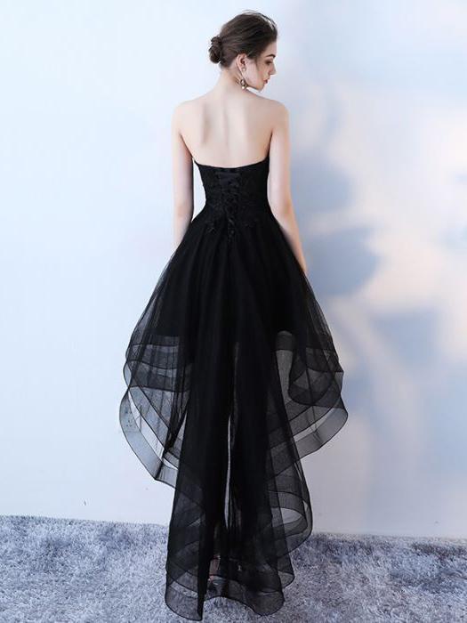 Modische High Low Tüll Schwarz Partykleider, Handgemachte Schnürung Formale Ballkleider cg2299