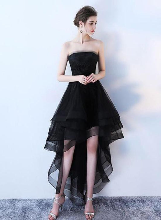 Modische High Low Tüll Schwarz Partykleider, Handgemachte Schnürung Formale Ballkleider cg2299
