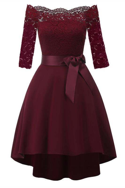 3/4-Ärmel Burgunderrotes schulterfreies Partykleid Ballkleid cg22999