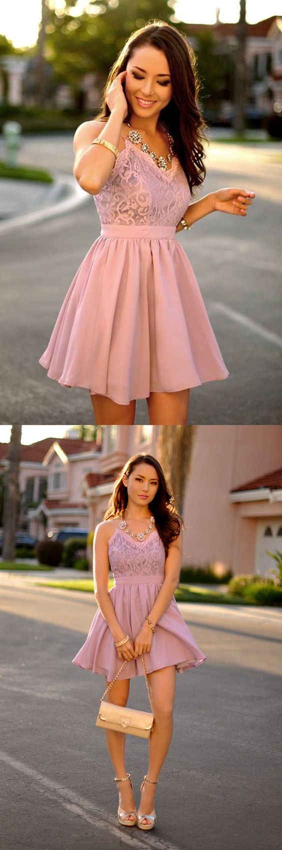 A-Linie Spaghettiträger Kurzes Lila Chiffon Homecoming Kleid mit Spitze cg230