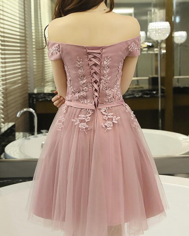 Dunkelrosa Tüll Off Shoulder Kurzes Formales Kleid, Homecoming Kleider für rosa Hochzeiten, Rosa Partykleid cg2300