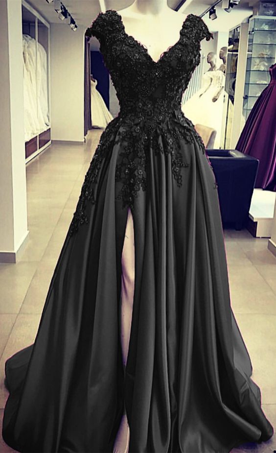 Black Satin Slit Dresses With Lace Embroidery prom Dresses cg23015