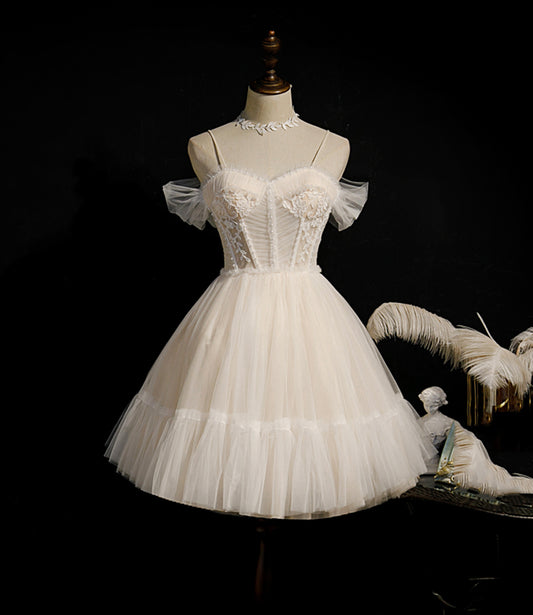 Champagnerfarbenes kurzes A-Linien-Kleid aus Tüll, Partykleid, Homecoming-Kleid, cg23025