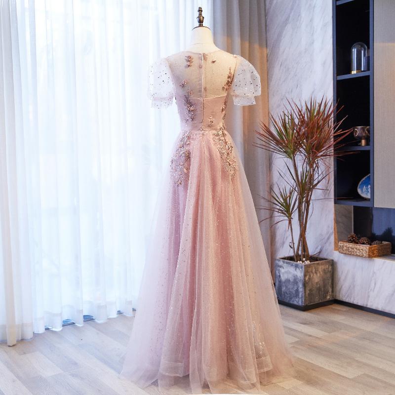 Pink Tulle With Puffy Sleeves Floral Long Evening Dress, Pink Long Party Prom Dress Formal Dresses cg23037