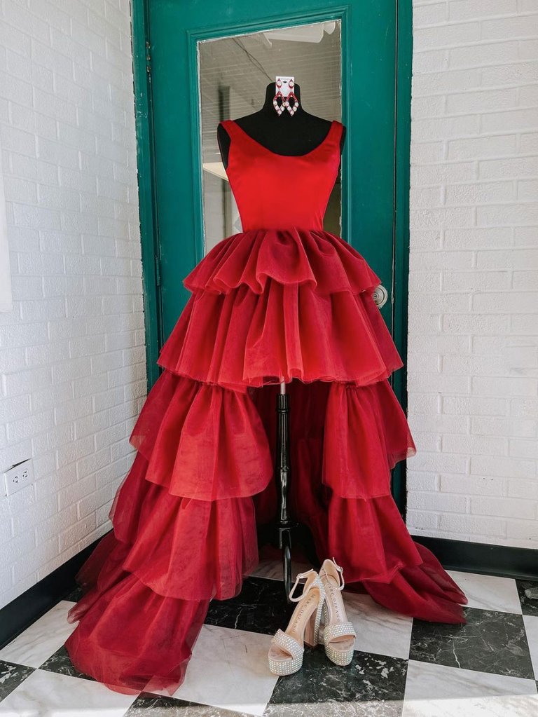 BURGUNDY ROUND NECK TULLE HIGH LOW PROM DRESS cg23040 classygown BURGUNDY ROUND NECK TULLE HIGH LOW PROM DRESS cg23040 classygown