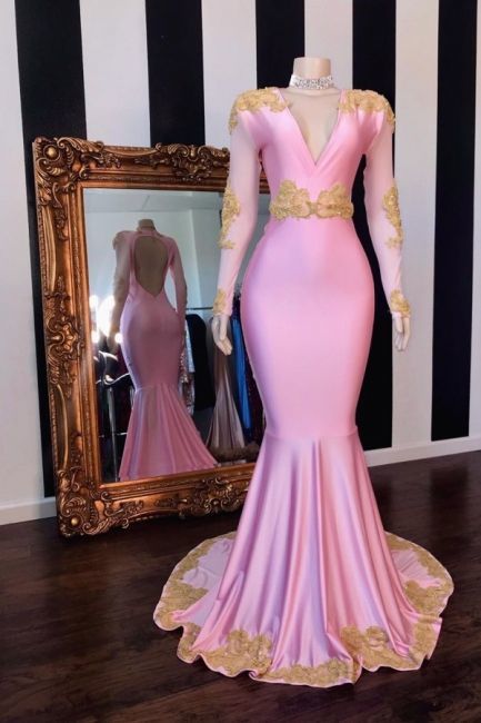 V-neck Long Sleeves Fit and Flare Pink Prom Dresses with Appliques cg2 classygown V-neck Long Sleeves Fit and Flare Pink Prom Dresses with Appliques cg2 classygown