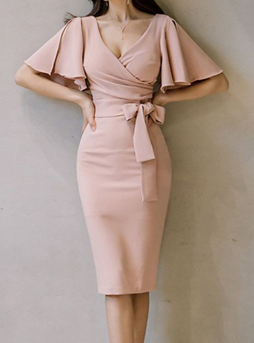Women's Wrap Dress Knee Length Dress Blushing Pink Short Sleeve Dusty classygown Women's Wrap Dress Knee Length Dress Blushing Pink Short Sleeve Dusty classygown
