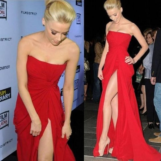 Rote Chiffon-Plissee-Rüschen Amber Heard Elie Saab Stil Promi-Kleider trägerlos rückenfrei hoch seitlich geschlitzt sexy Abend Ballkleider cg2305