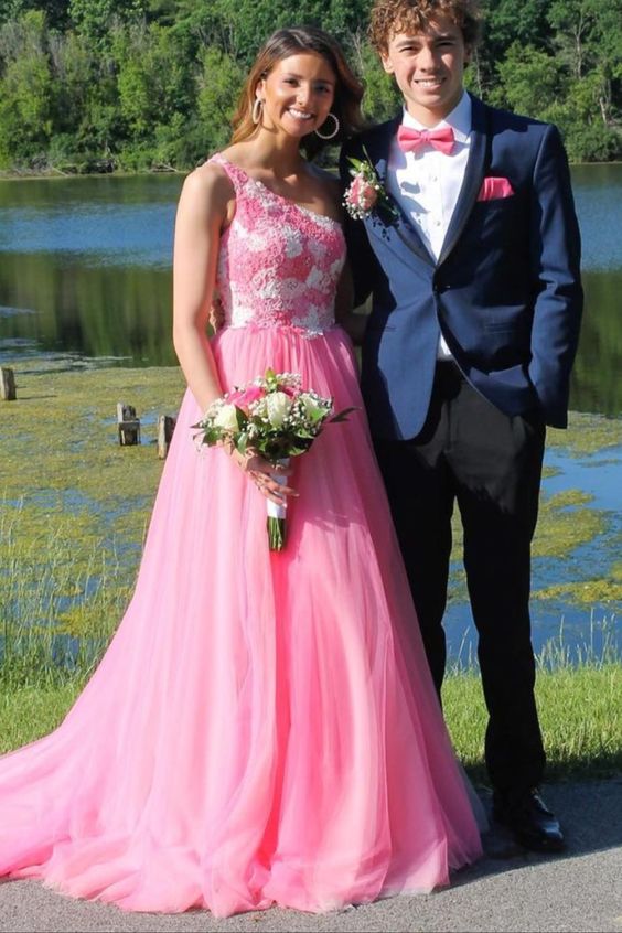 one shoulder hot pink lace top and tulle skirt long prom dress 2022 cg classygown one shoulder hot pink lace top and tulle skirt long prom dress 2022 cg classygown