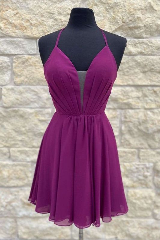 Lila kurzes A-Linien-Heimkehrkleid aus Tüll cg23059