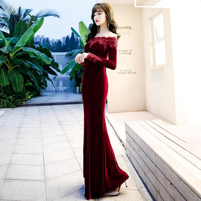 Beautiful Wine Red Velvet Mermaid Long Evening Dress Party Dress cg23067