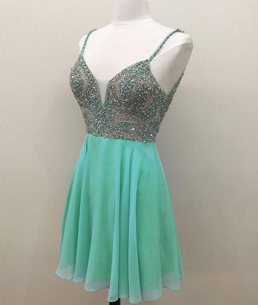 Grünes kurzes Homecoming-Kleid mit V-Ausschnitt und Pailletten cg23089
