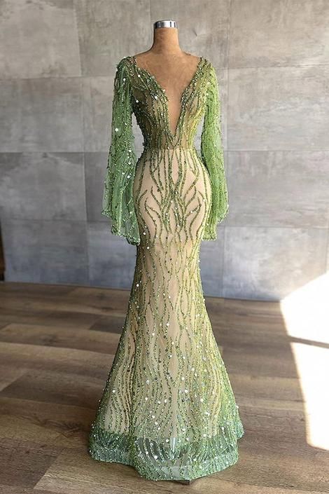 Sexy Tiefem V-Ausschnitt Grünes Abendkleid 2022 Volle Ärmel Kristalle Pailletten Meerjungfrau Mode Abendkleid cg23096