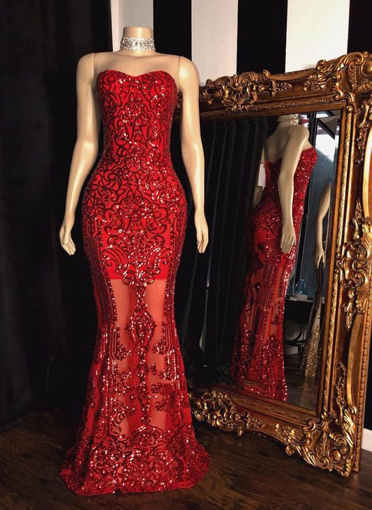 2022 Rotes Etuikleid mit herzförmigem Ausschnitt, trägerlos, bodenlang, Tüllspitze, Ballkleid cg23097