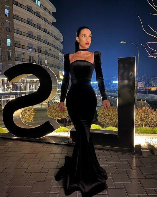 Schwarzes langärmliges Abendkleid, Ballkleid cg23099