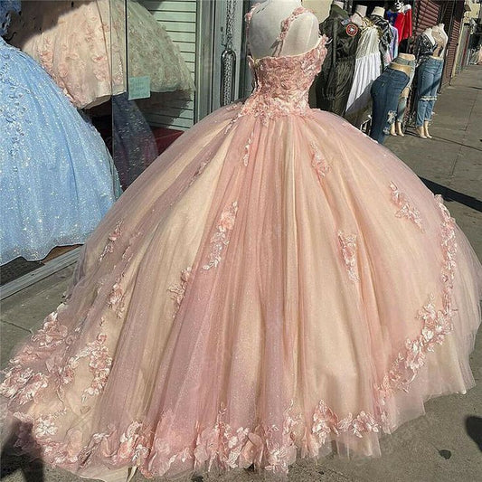 Rosa funkelnde Quinceanera Ballkleider Spitze Blume Sweet 16 Tüll Party Ballkleid cg23110