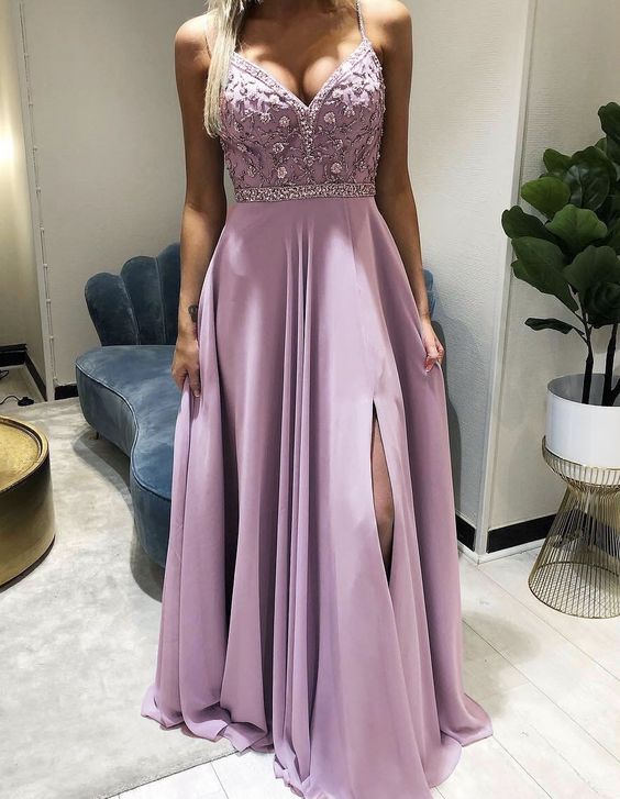 elegantes malvenfarbenes rosa Brautjungfernkleid aus Chiffon mit Schlitz, Abendkleid und seitlichem Schlitz, cg23116