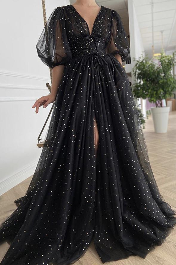 Black v neck tulle long A line prom dress evening dress cg23129