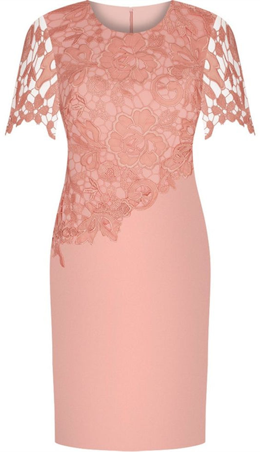 Etuikleid mit Rundhalsausschnitt und kurzen Ärmeln, elastischem Satin, kurzes Brautmutterkleid mit Spitze, cg2313