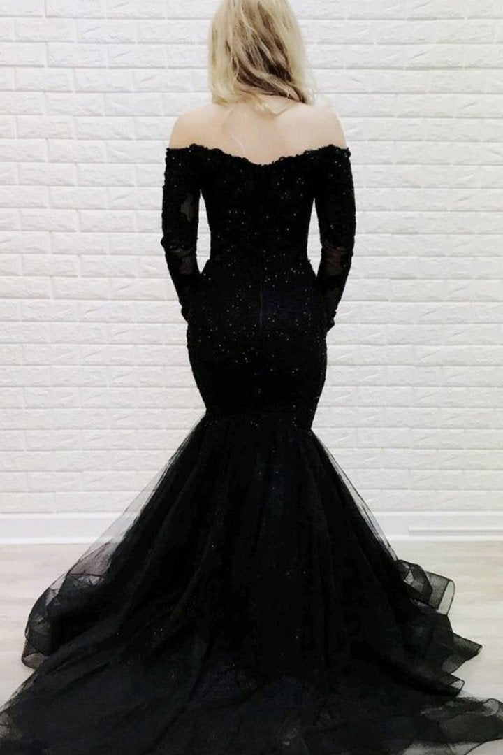 Schwarzes langärmliges Meerjungfrau-Ballkleid aus Spitze, Abendkleid cg23131