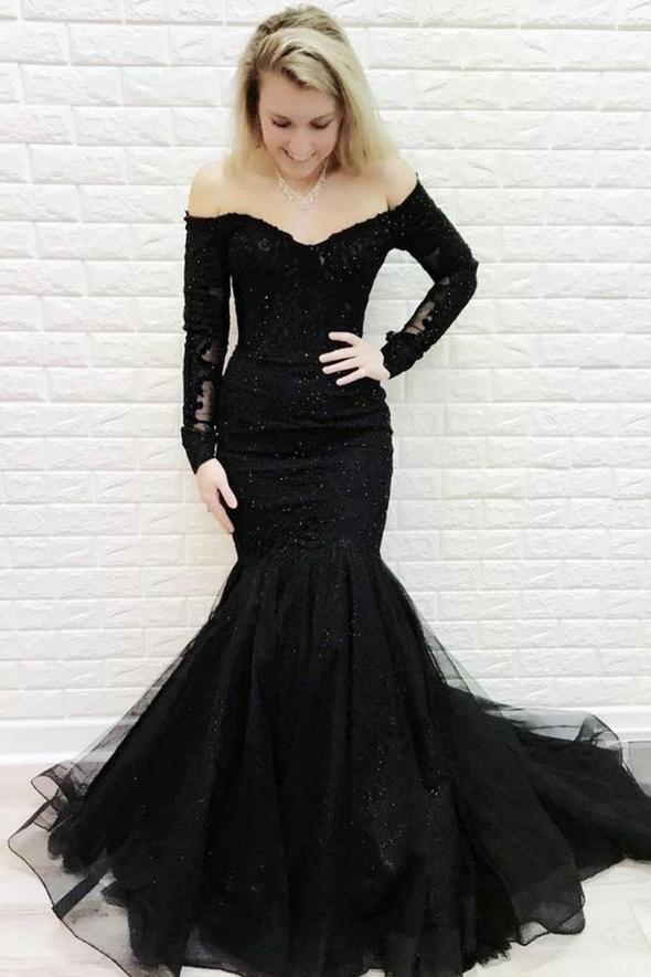 Schwarzes langärmliges Meerjungfrau-Ballkleid aus Spitze, Abendkleid cg23131