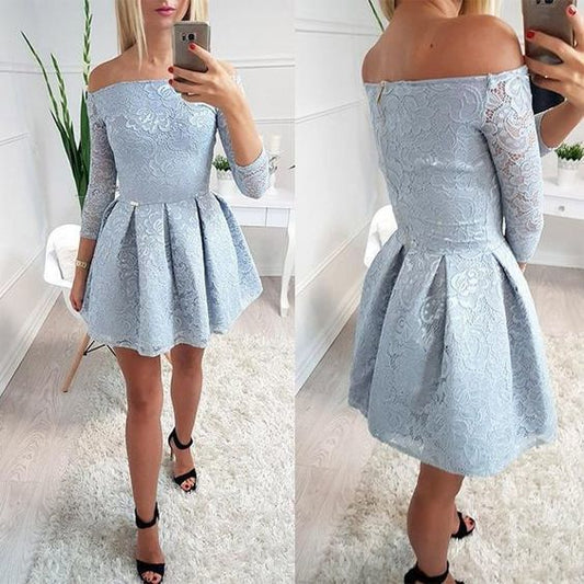 Hellblaue Spitze Off Shoulder Langarm Einfache Homecoming Kleider cg23169