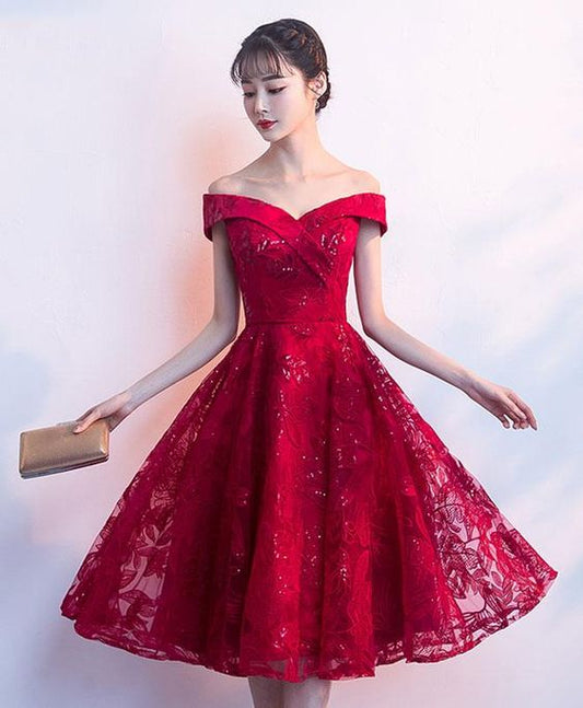 Süßes burgunderrotes Homecoming-Kleid, schulterfreies Brautjungfernkleid cg23194