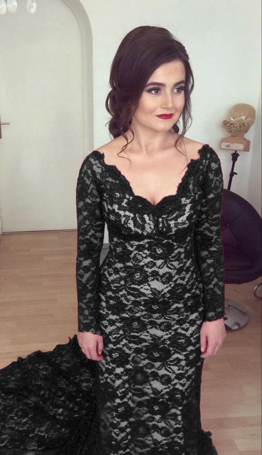 elegantes schwarzes Meerjungfrau-Ballkleid mit V-Ausschnitt und langen Ärmeln für formelle Anlässe cg23203