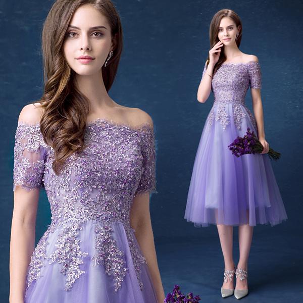 Lavender Tulle Short Lace Applique Beaded Off Shoulder Party Dress, Short Homecoming Dresses cg23216