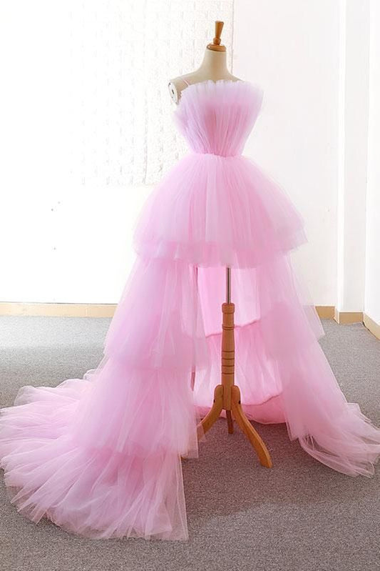 Langes Ballkleid aus rosa Tüll, Abendkleid aus rosa Tüll cg23218