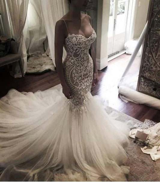 Meerjungfrau Sweet heart Spitze Sexy Brautkleider, Spaghetti Strap Backless Charming Brautkleider Abendkleid cg23231