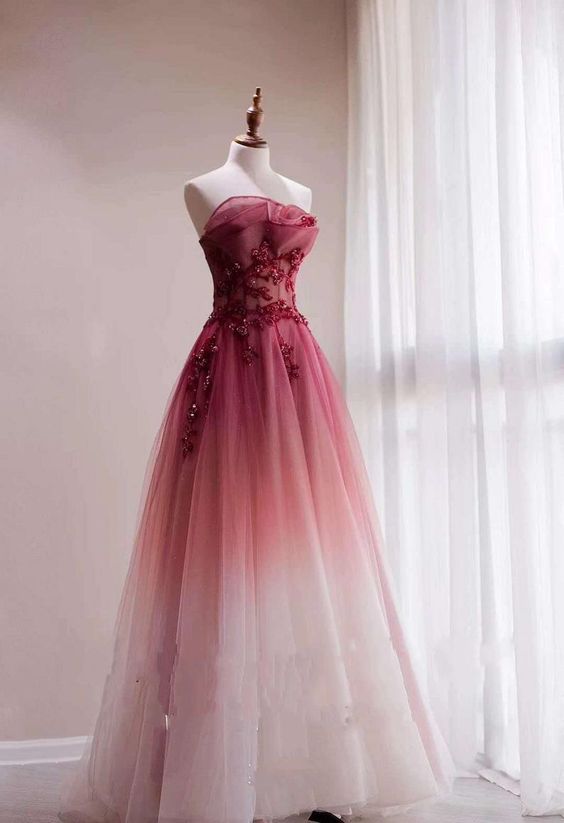 Red Gradient Prom Dress Vintage Wedding Dress Red Strapless Party Dres Red Gradient Prom Dress Vintage Wedding Dress Red Strapless Party Dres
