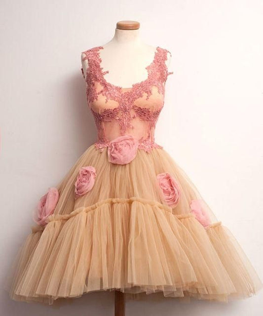 Süßes Ballkleid mit U-Ausschnitt und Applikationen, kurzes Heimkehrkleid mit Blumen, cg23244